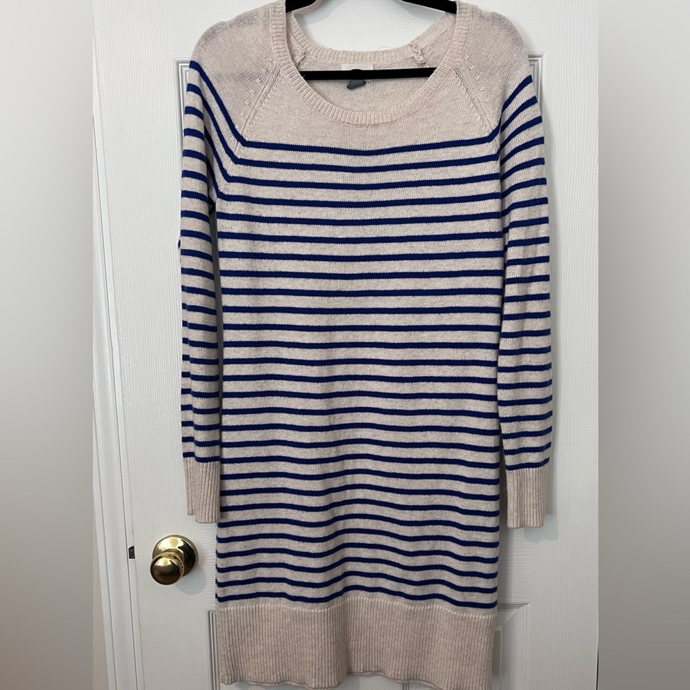 Cream and blue striped sweater dress long sleeves with thick edges